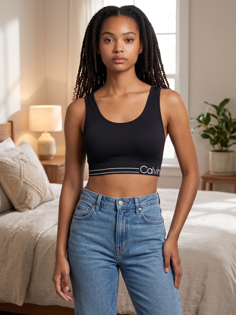 Calvin Klein Black Ribbed Logo Crop Bralette with White Band
